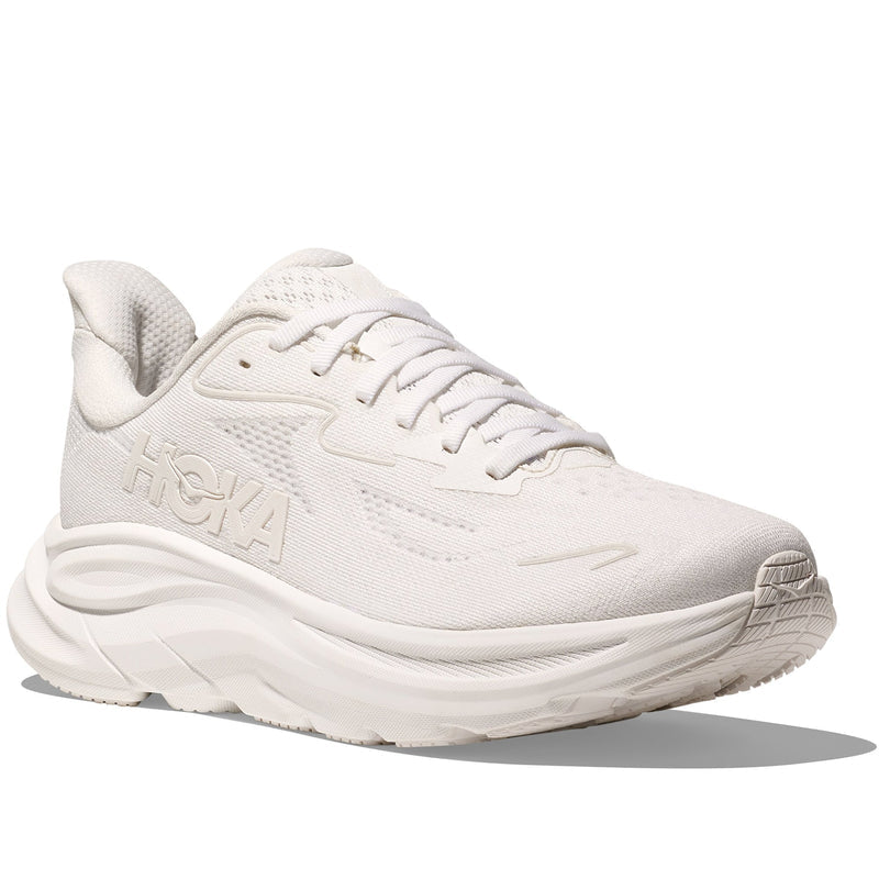 Quarter turn view Women's Hoka Footwear style name Clifton 10 in color White/ White. Sku: 1162031-WWH