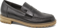 Black loafer shoe with a brown sole on a white background